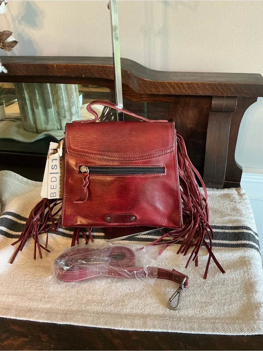 NWT Bed Stu Fringe Leather Hidden Crossbody Bag Handbag Cherry Lacquer MSRP $249 - Picture 4 of 14